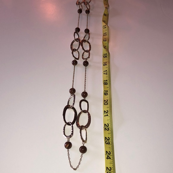 24 inch Gold Tone Link and Brown Bead Necklace - Picture 3 of 5